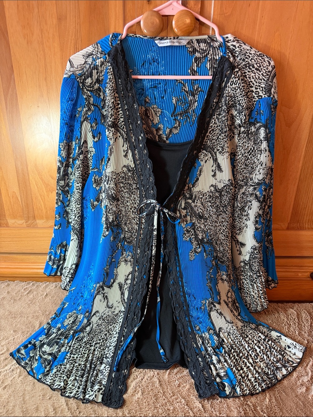 Blue & Black Floral Lace-Trim Women's Blouse with flutter sleeves